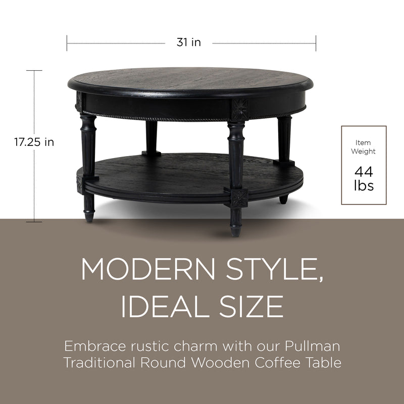 Maven Lane Pullman Traditional Round Wooden Coffee Table, Antiqued Black Finish