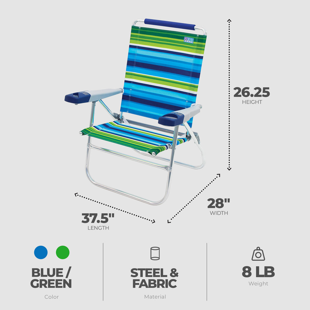 RIO Brands 15 Inch Cushioned Beach Chair w/Aluminum Frame, Blue/Green (4 Pack)