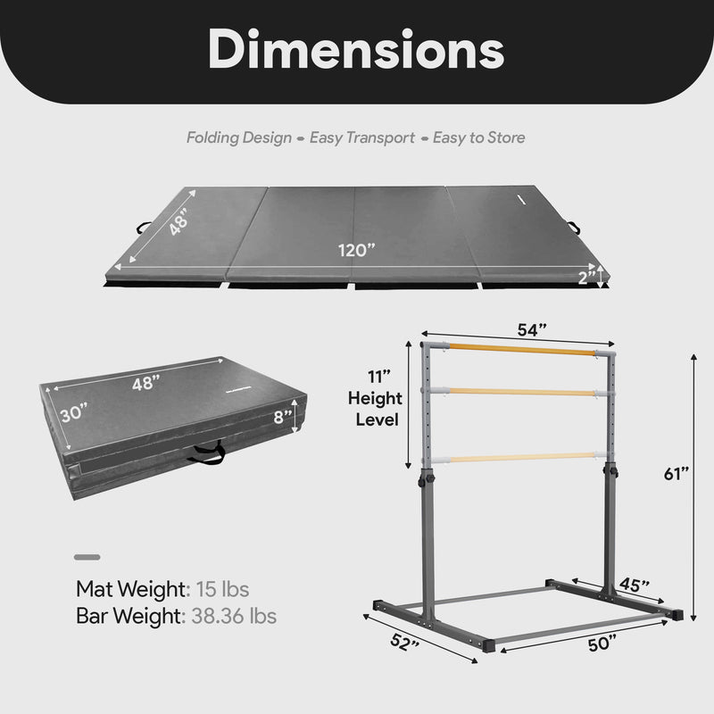 BalanceFrom Fitness 120 x 48 Inch Exercise Mat & Adjustable Gymnastics Bar, Gray