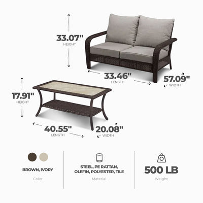 Four Seasons Courtyard Montego Bay Loveseat & Coffee Table, Ivory & Wicker Brown - VMInnovations