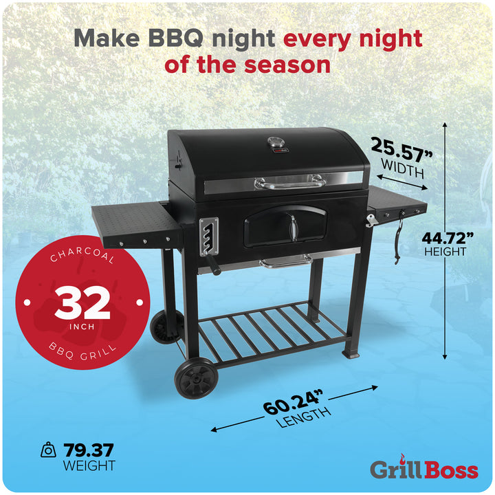 Grill Boss 32 Inch Charcoal BBQ Grill, Side Shelves, Built In Thermometer, Black