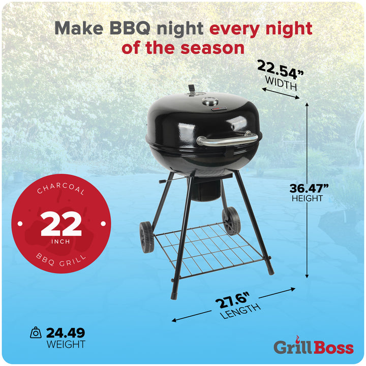 Grill Boss 22" Kettle Charcoal Grill, Porcelain Lid, Large Cooking Area, Black
