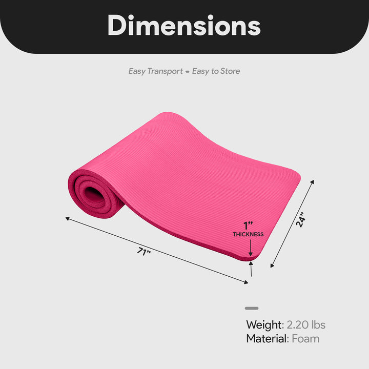 GoCloud 1" Extra Thick Exercise Yoga Mat with Carrying Strap, Pink (Open Box)