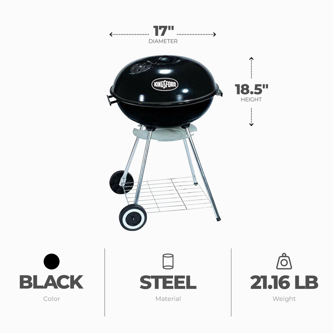 Mr Bar-B-Q Charcoal Kettle Grill 17 Inch Round Porcelain Coated Fire Bowl, Black - VMInnovations