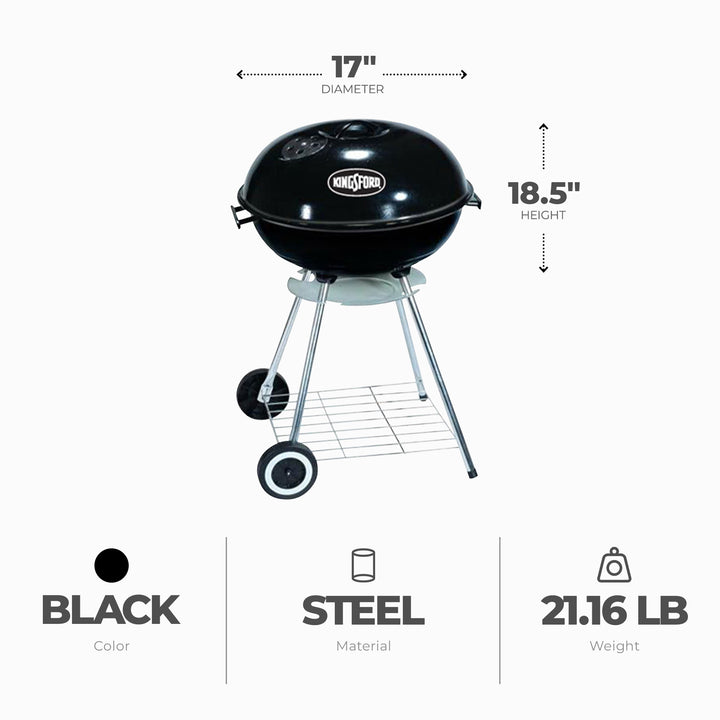 Mr Bar-B-Q Charcoal Kettle Grill 17 Inch Round Porcelain Coated Fire Bowl, Black - VMInnovations