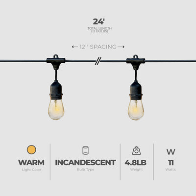 Globe 24 Feet 11 Watts Dublin Incandescent Vintage String 12 Bulb Light Set - VMInnovations