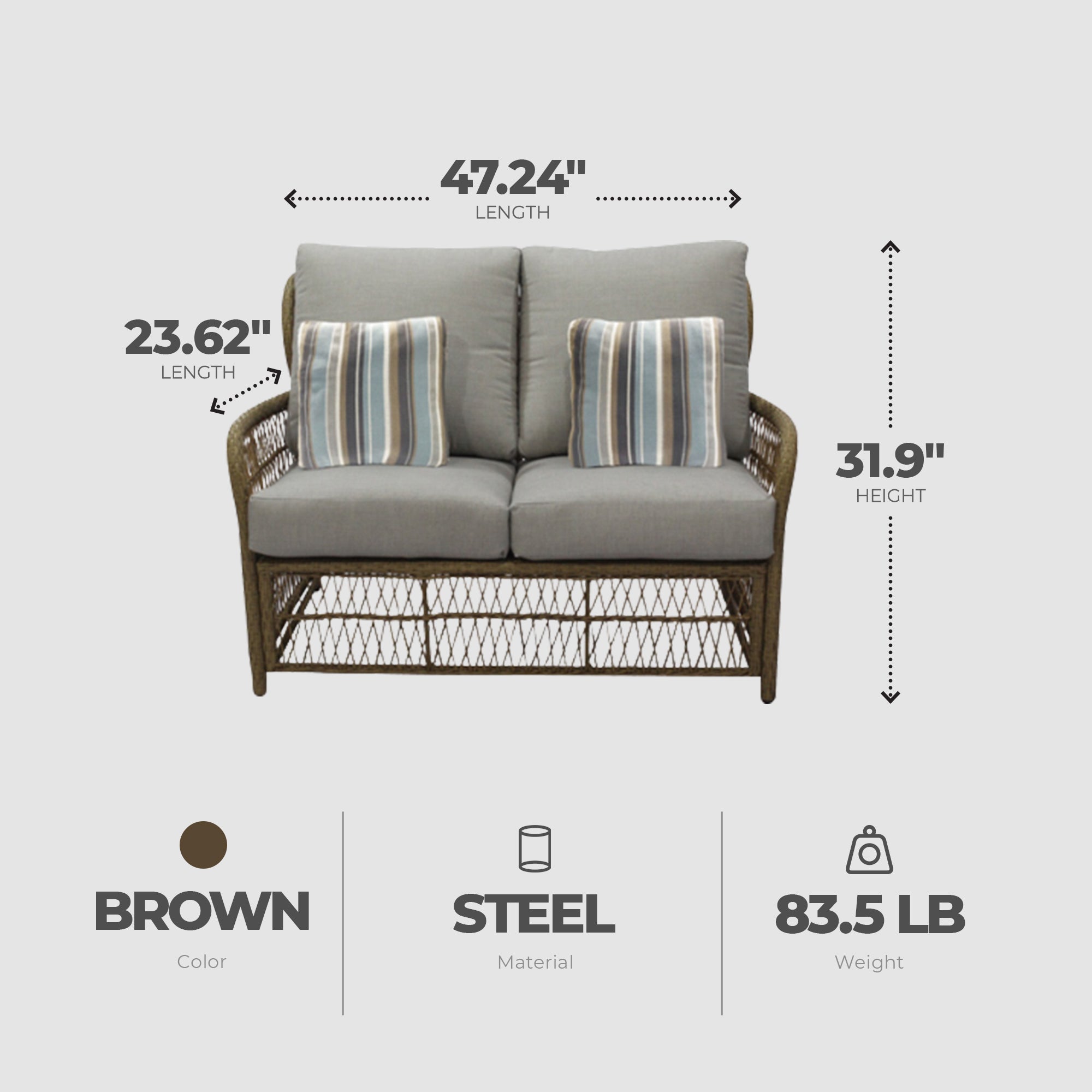 Four Seasons Courtyard Positano Wicker Cushioned Loveseat w/ 2 Accessory Pillows - VMInnovations
