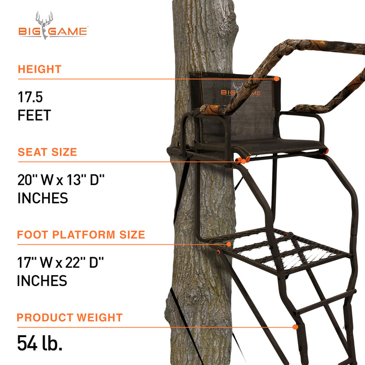 Big Game Striker XL 17.5' Ladder Treestand with Flip-Back Seat and Rail, Black - VMInnovations