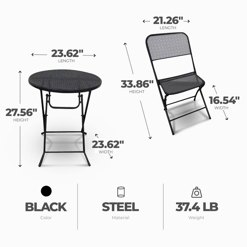 Four Seasons Courtyard Foldable 3 Piece Steel Bistro Dining Set, Black (Used)