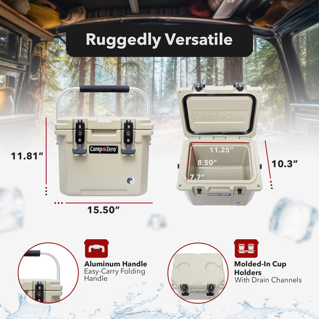 CAMP-ZERO 10 Liter 10.6 Quart Lidded Cooler with 2 Molded In Cup Holders, Beige - VMInnovations