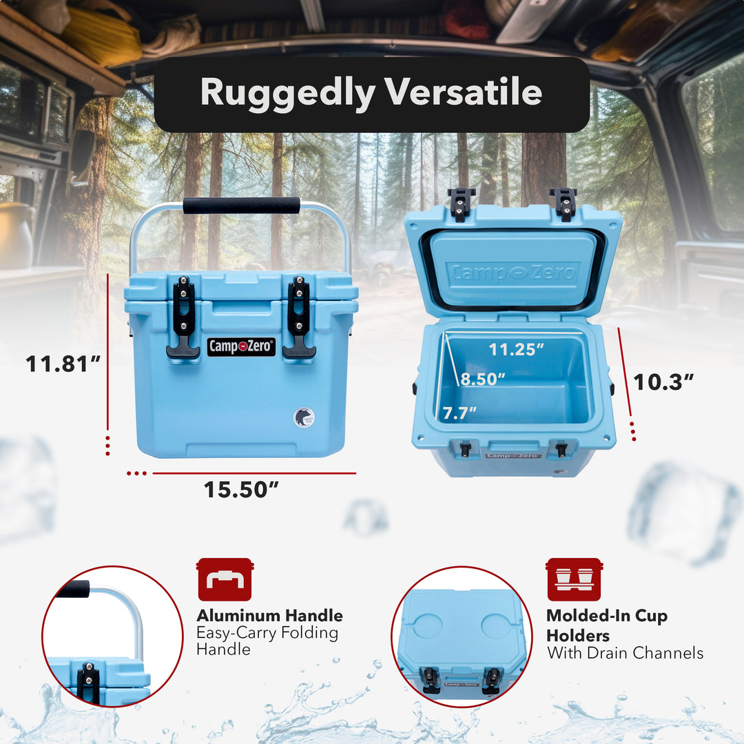 CAMP-ZERO 10 Liter 10.6 Quart Lidded Cooler with 2 Molded In Cup Holders, Sky - VMInnovations