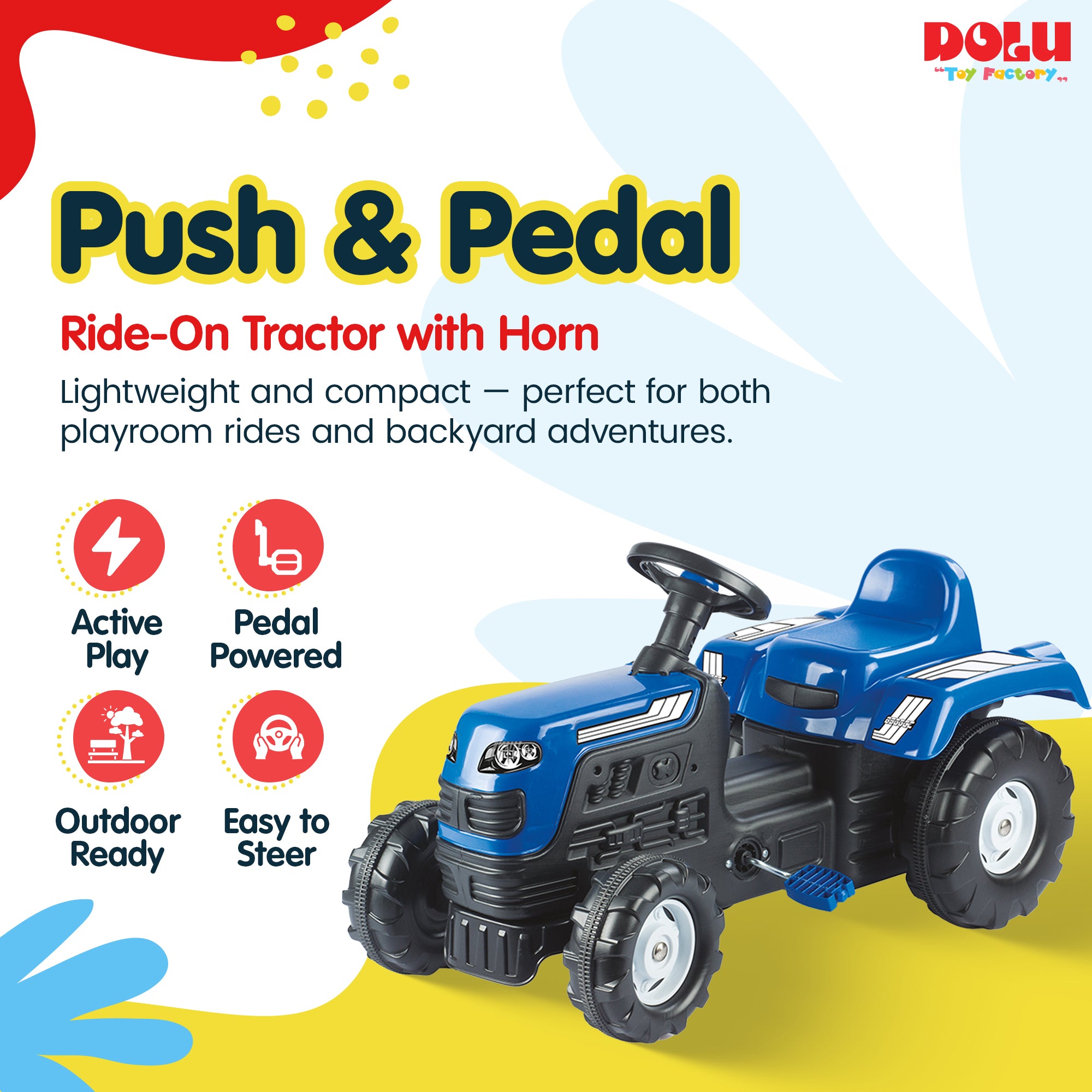 DOLU Ranchero Pedal Tractor with Horn, Kids Ride-On Toy for 3 Years and Up, Blue - VMInnovations