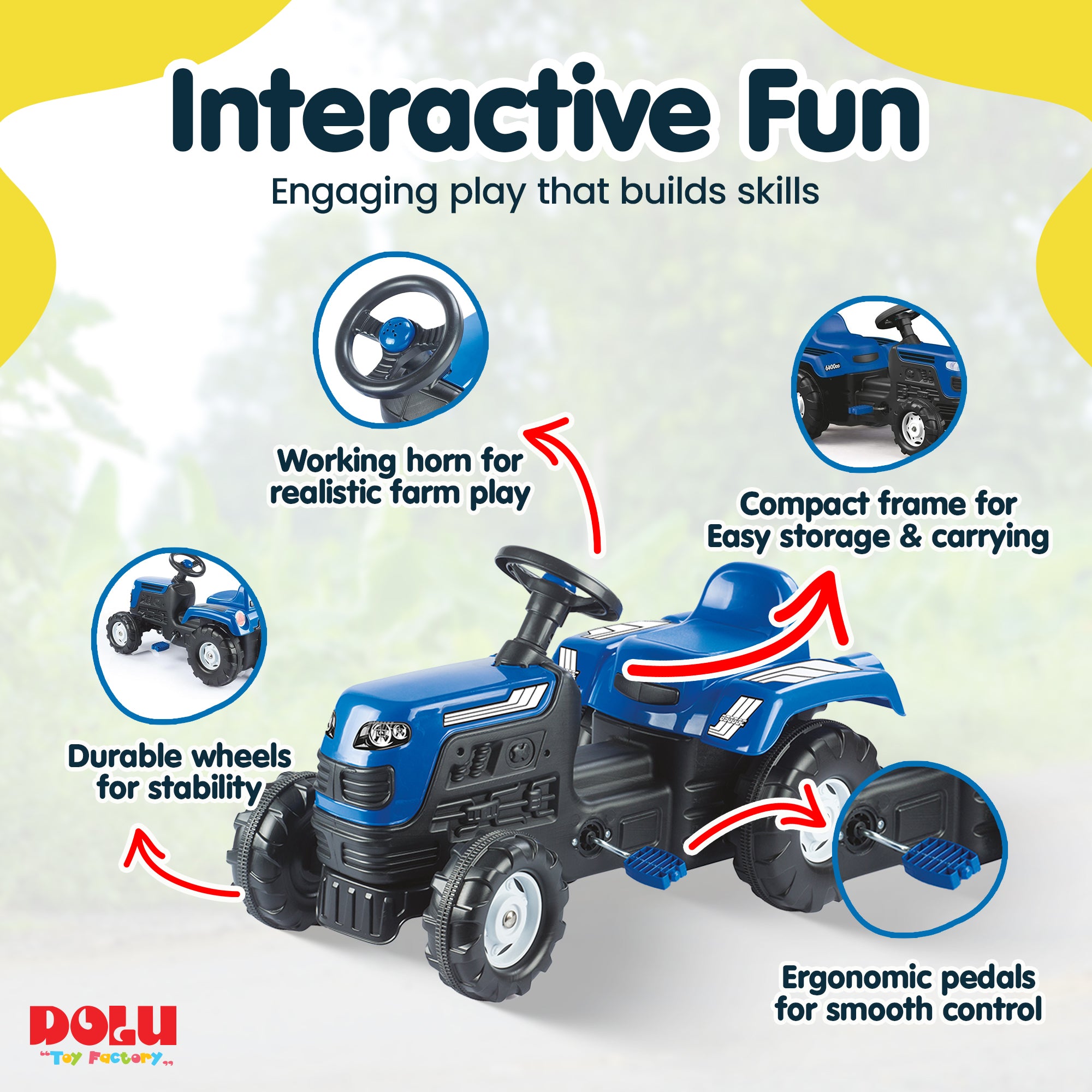 DOLU Ranchero Pedal Tractor with Horn, Kids Ride-On Toy for 3 Years and Up, Blue - VMInnovations