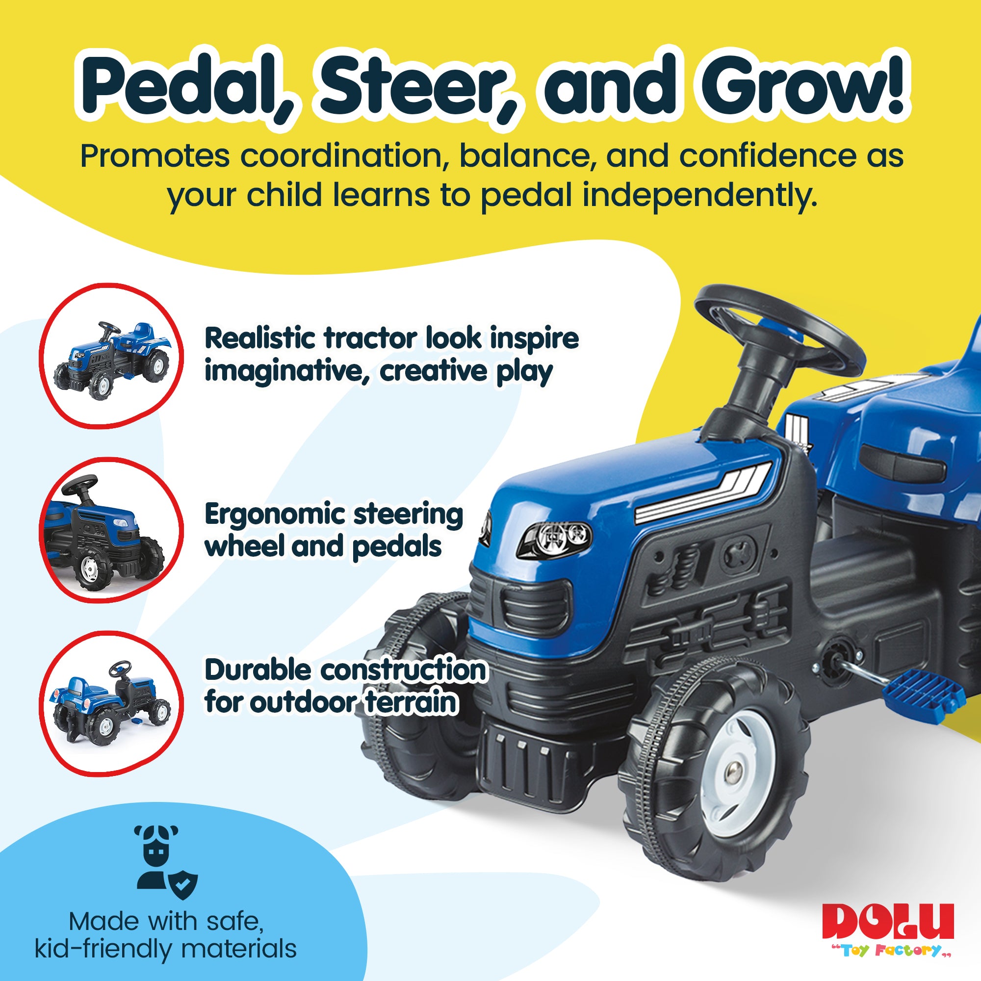 DOLU Ranchero Pedal Tractor with Horn, Kids Ride-On Toy for 3 Years and Up, Blue - VMInnovations