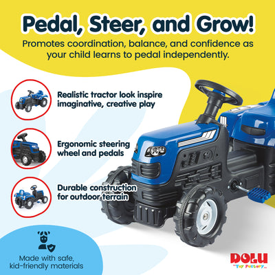 DOLU Ranchero Pedal Tractor with Horn, Kids Ride-On Toy for 3 Years and Up, Blue - VMInnovations