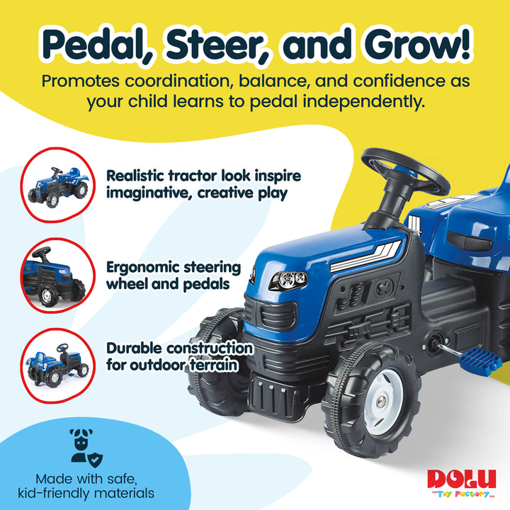 DOLU Ranchero Pedal Tractor with Horn, Kids Ride-On Toy for 3 Years and Up, Blue