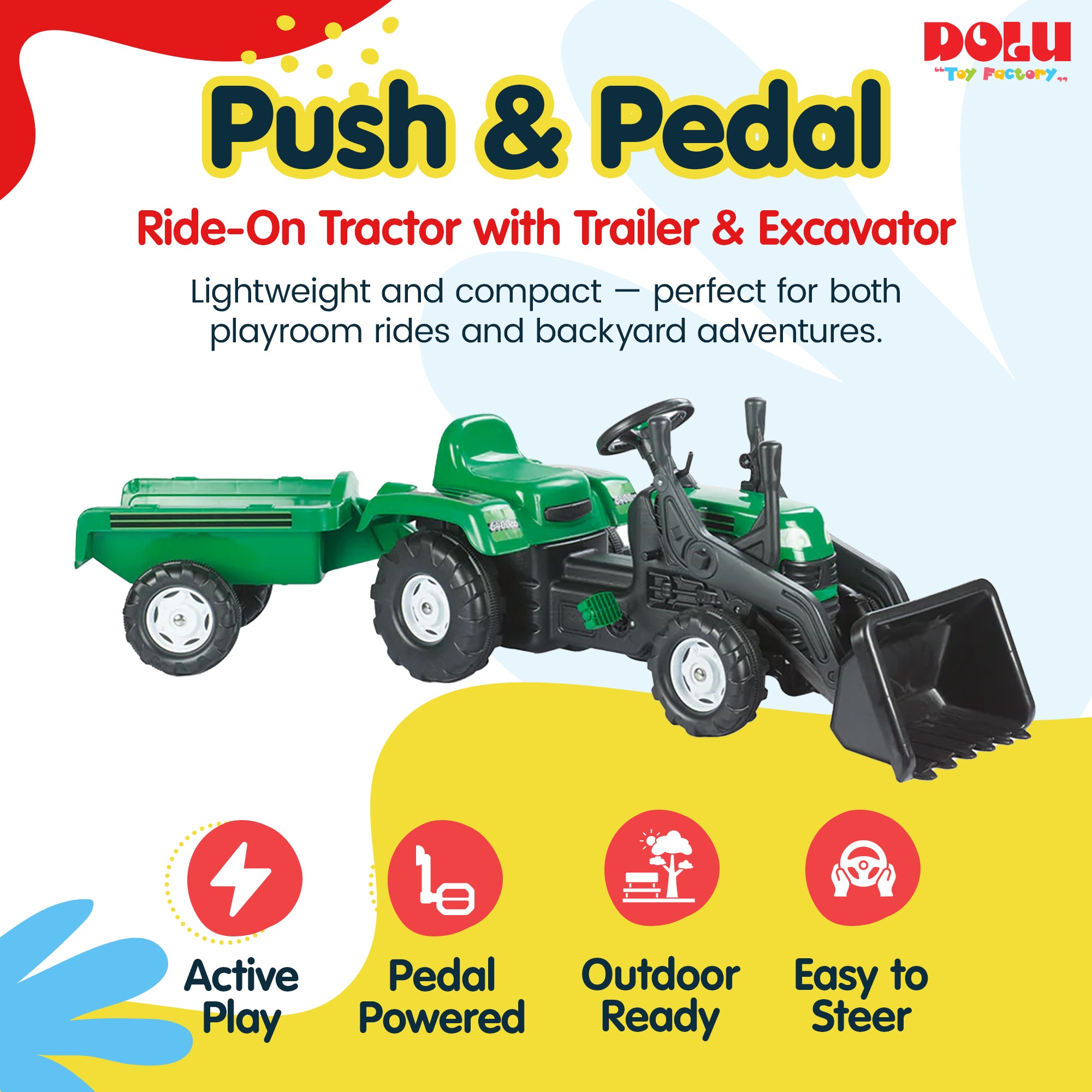 DOLU Pedal Tractor with Full Ranchero Trailer Toy w/ Front Loader (Open Box)