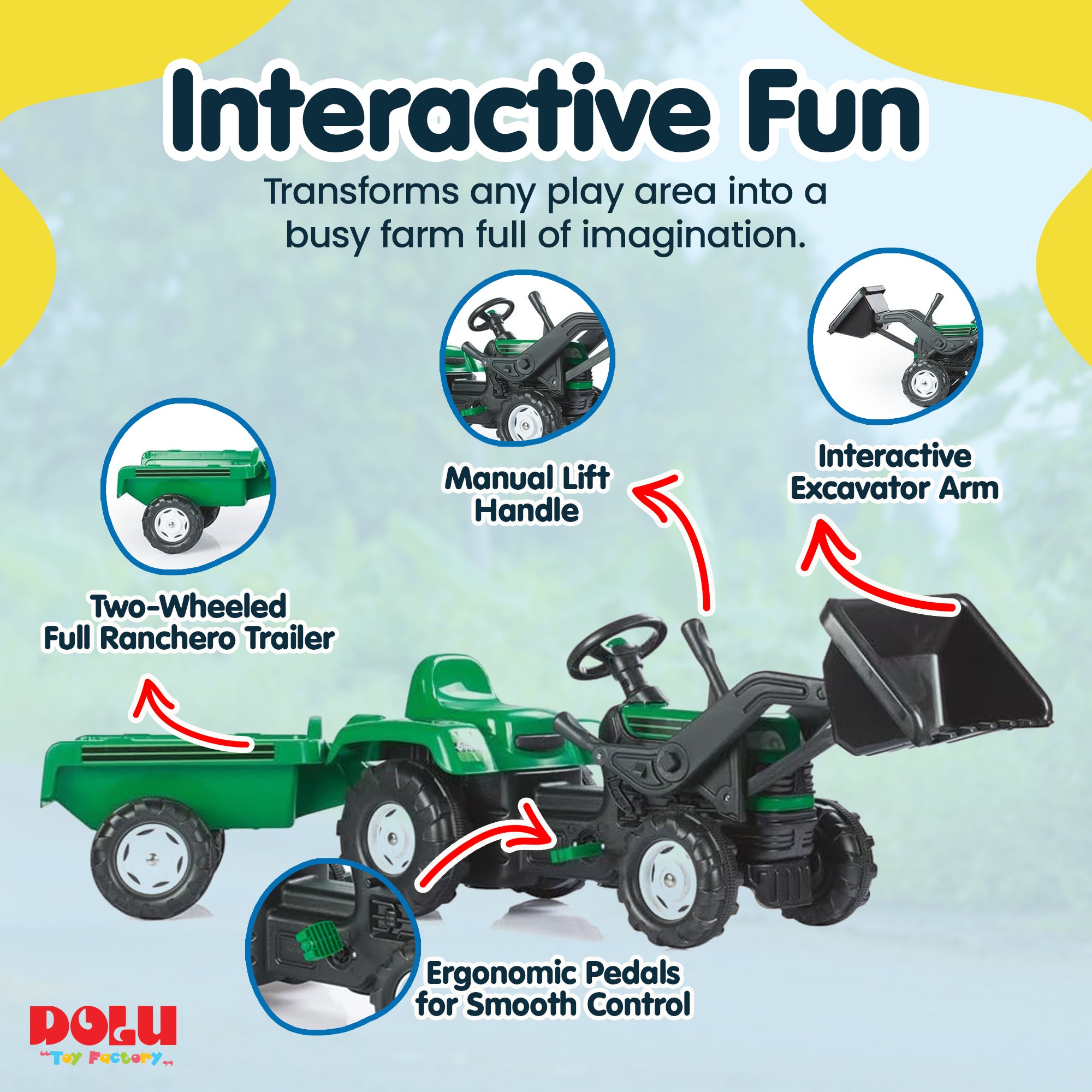 DOLU Pedal Tractor with Full Ranchero Trailer Toy w/ Front Loader (Open Box)
