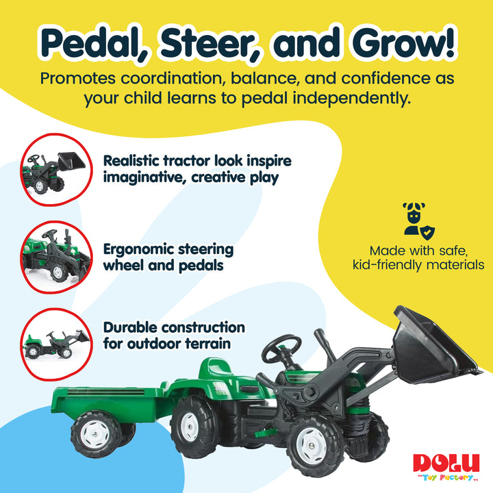DOLU Pedal Tractor with Full Ranchero Trailer, Kids Ride On Toy w/ Front Loader