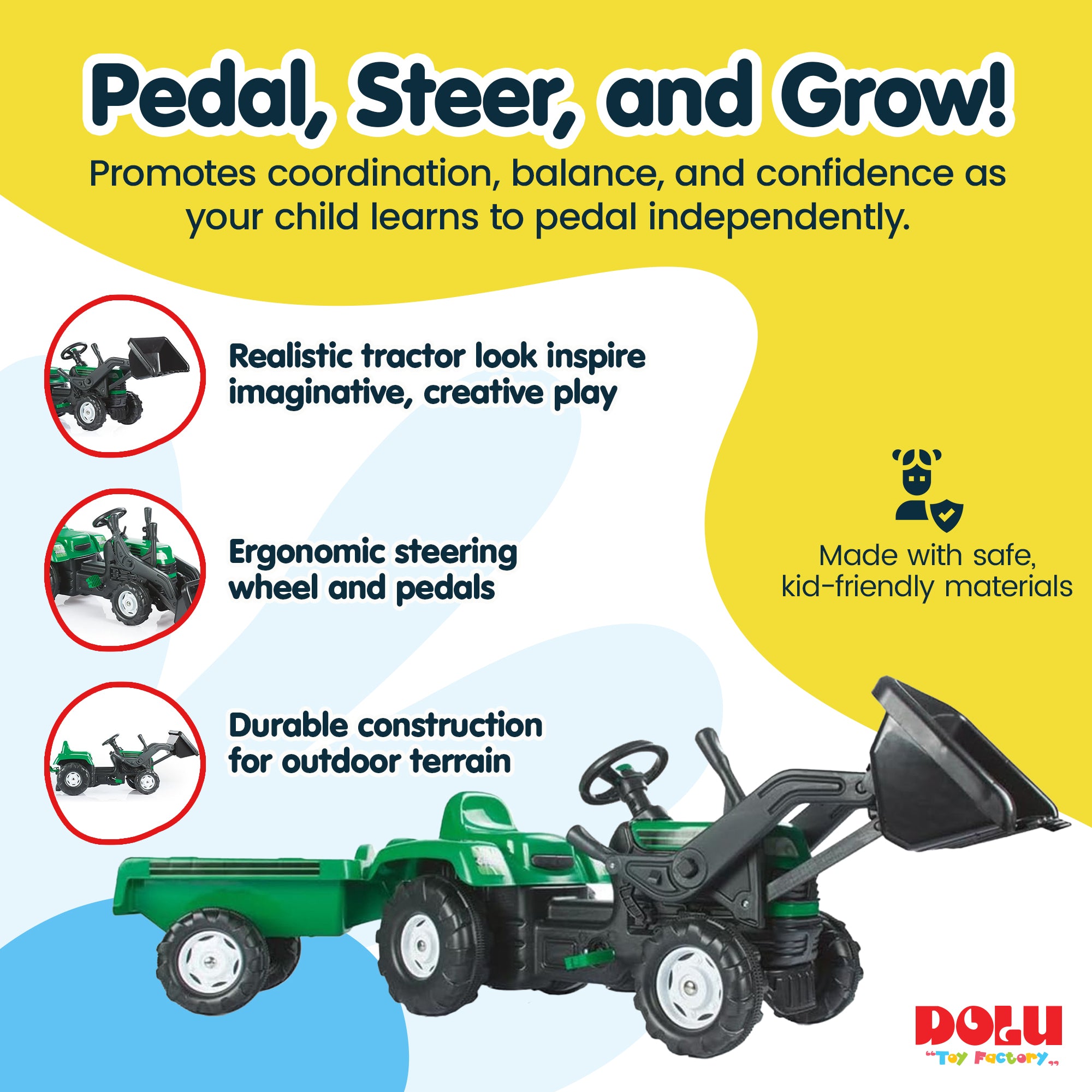 DOLU Pedal Tractor with Full Ranchero Trailer Toy w/ Front Loader (Open Box)