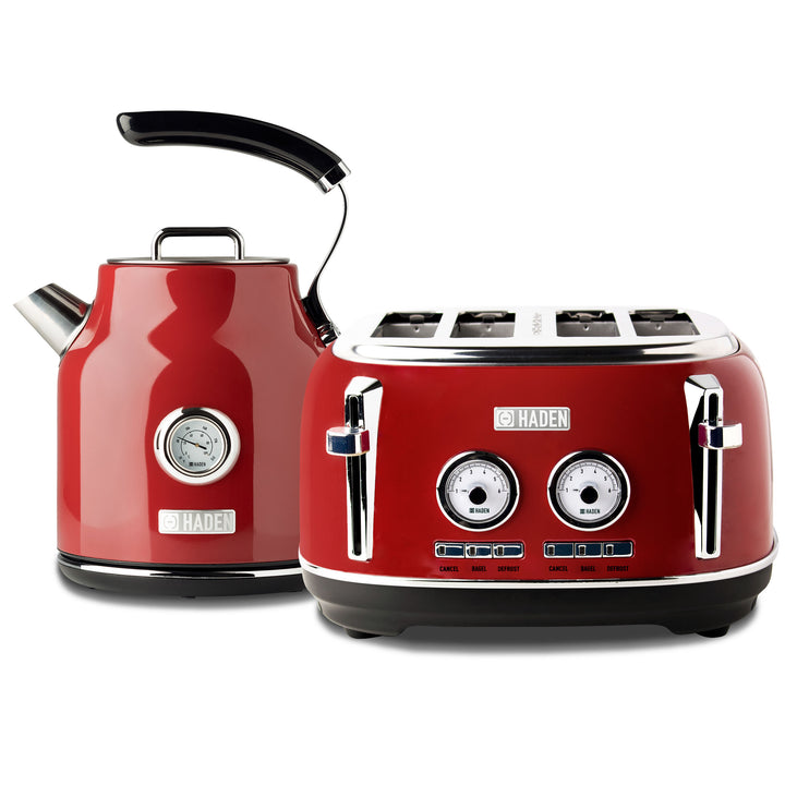 Haden Dorset 1.7 Liter Cordless Electric Kettle and 4 Slice Bread Toaster, Red