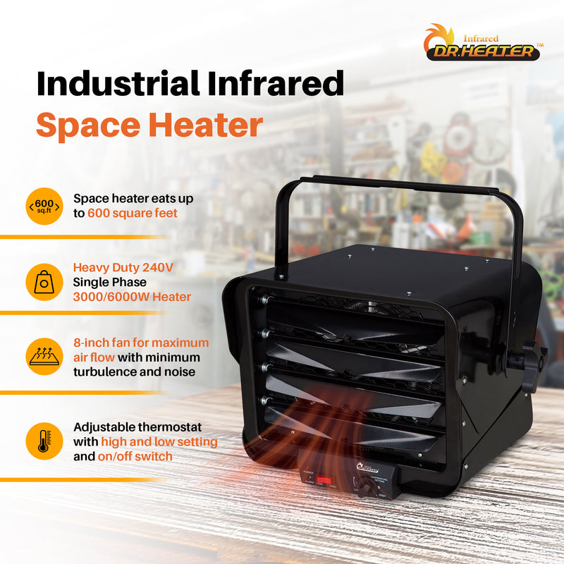 Dr. Heater 240V Hardwired Garage Commercial Heater, 3000W/6000W, Black (Used)