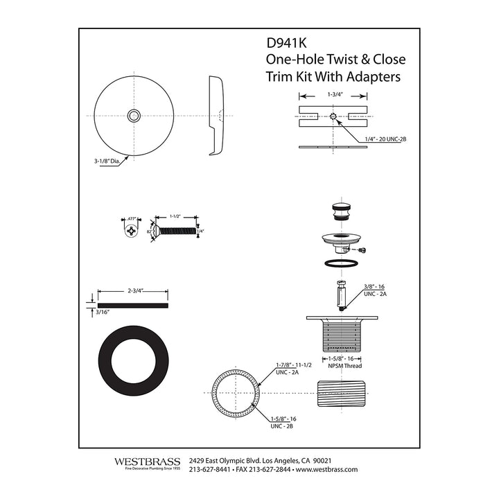 Westbrass 1.5 Inch Twist & Close Bathtub Trim Set w/ 1 Hole Faceplate (Open Box) - VMInnovations