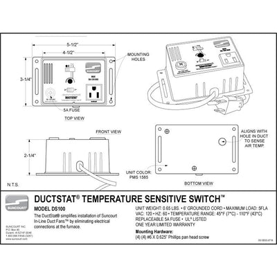 Suncourt DS100 DuctStat Temperature Sensitive Switch Plug In/Inline Thermostat