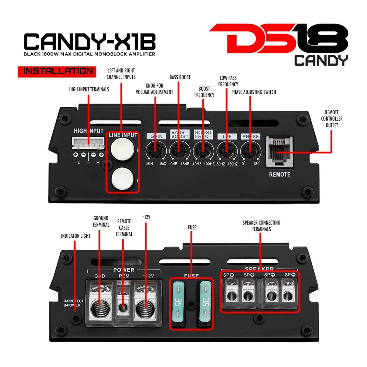 DS18 CANDY X1B Class D 1800 Watt MAX, 1/2/4 Ohm Car Audio Digital Mono Amplifier
