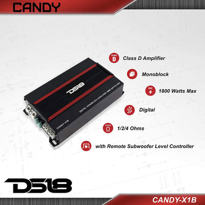 DS18 CANDY X1B Class D 1800 Watt MAX, 1/2/4 Ohm Car Audio Digital Mono Amplifier
