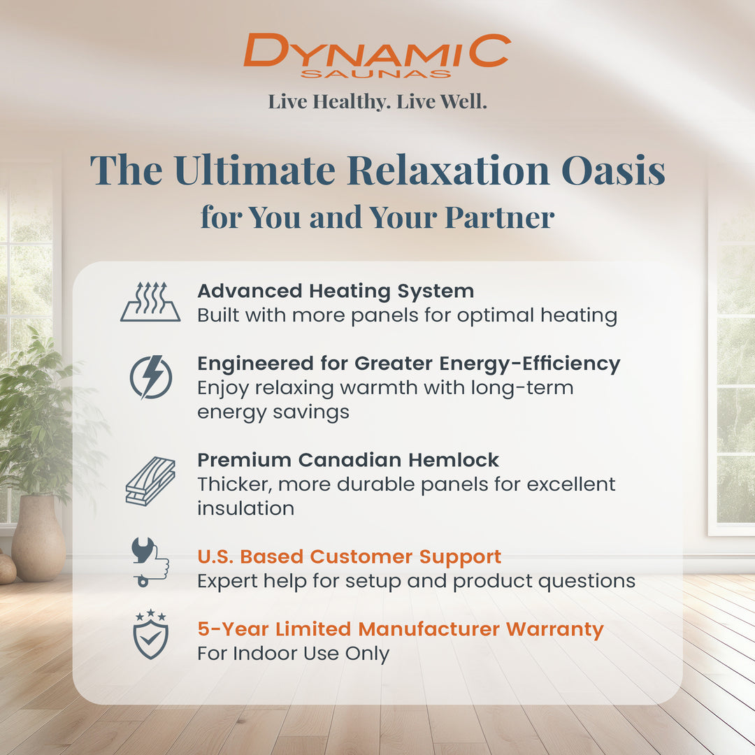 Dynamic Saunas Andora 2-Person Low EMF FAR Infrared Sauna, Canadian Hemlock Wood