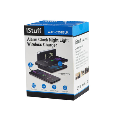 Nippon WAC-5251BLK iStuff 3 in 1 Illuminated Wireless Charge Alarm Clock, Black