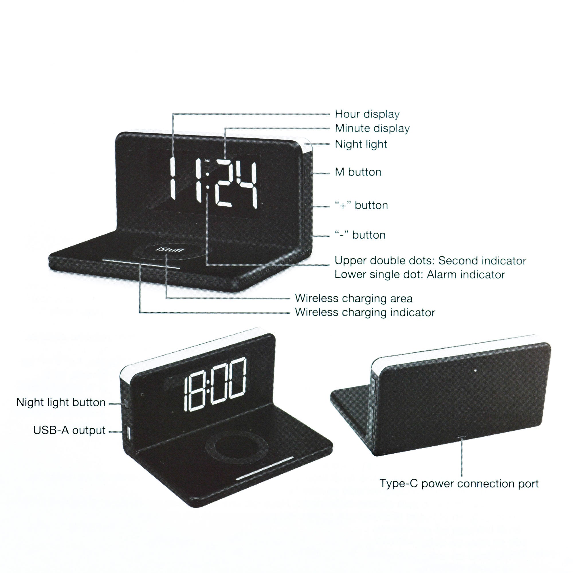 Nippon WAC-5251BLK iStuff 3 in 1 Illuminated Wireless Charge Alarm Clock, Black
