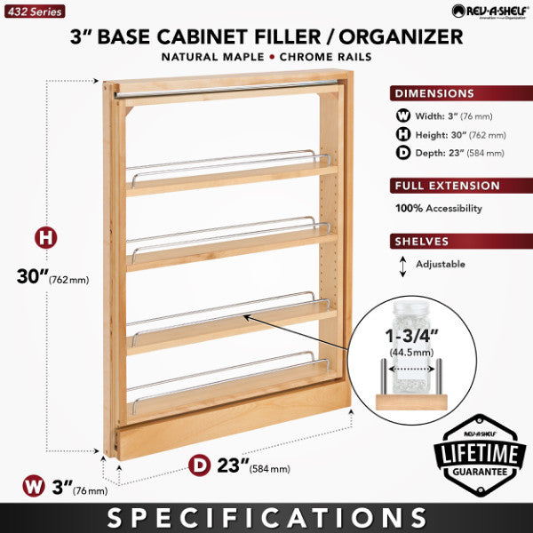 Rev-A-Shelf 3" Pullout Kitchen Cabinet Filler Organizer Spice Rack, 432-BF-3C