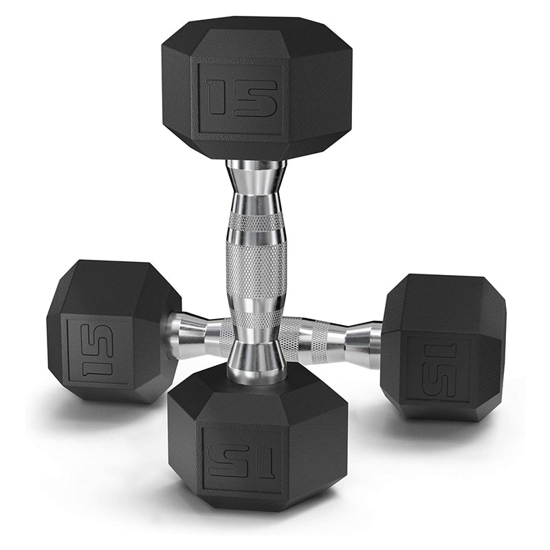 Epic Fitness Rubber Coated 15 Lb Hex Hand Weights, Set of 2 (1 Pair) (Open Box)