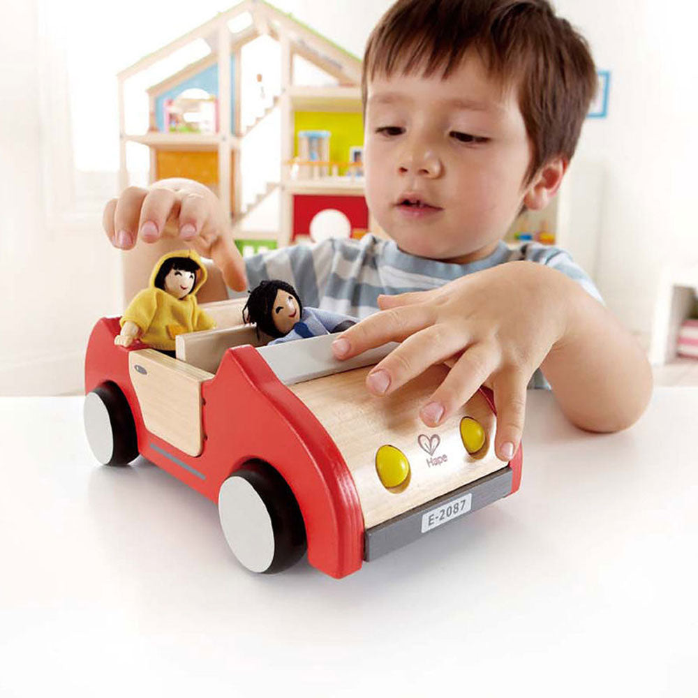 Hape All Season Kids 10 Room Dollhouse Bundle with Wooden Family Play Toy Car - VMInnovations