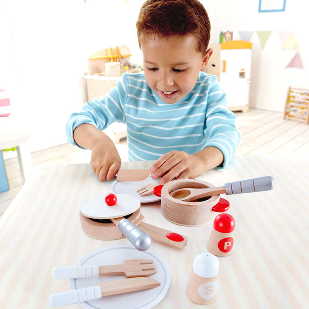 Hape Cook & Serve Kids Wooden Kitchen Play Food Plates & Utensils Set (Open Box) - VMInnovations