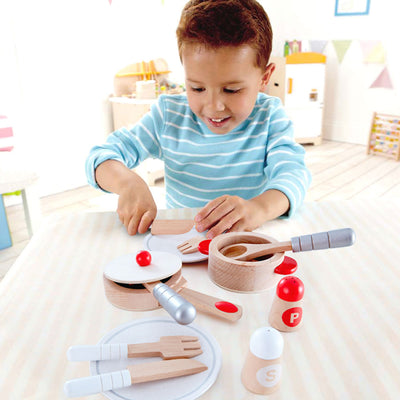 Hape Cook & Serve Kids Wooden Kitchen Play Food Plates & Utensils Set (Open Box) - VMInnovations