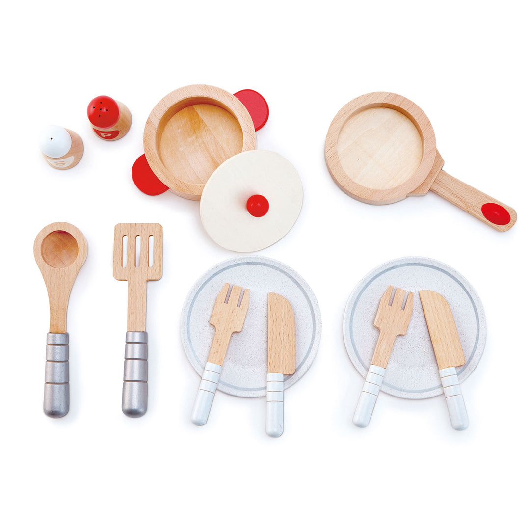 Hape Cook & Serve Kids Wooden Kitchen Play Food Plates & Utensils Set (Open Box)