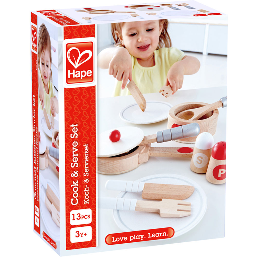 Hape Cook & Serve Kids Wooden Kitchen Play Food Plates & Utensils Set (Open Box) - VMInnovations