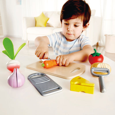 Hape Cook 'N Serve Kids Pretend Play Wooden Cooking Kitchen Bundle w/ Play Food