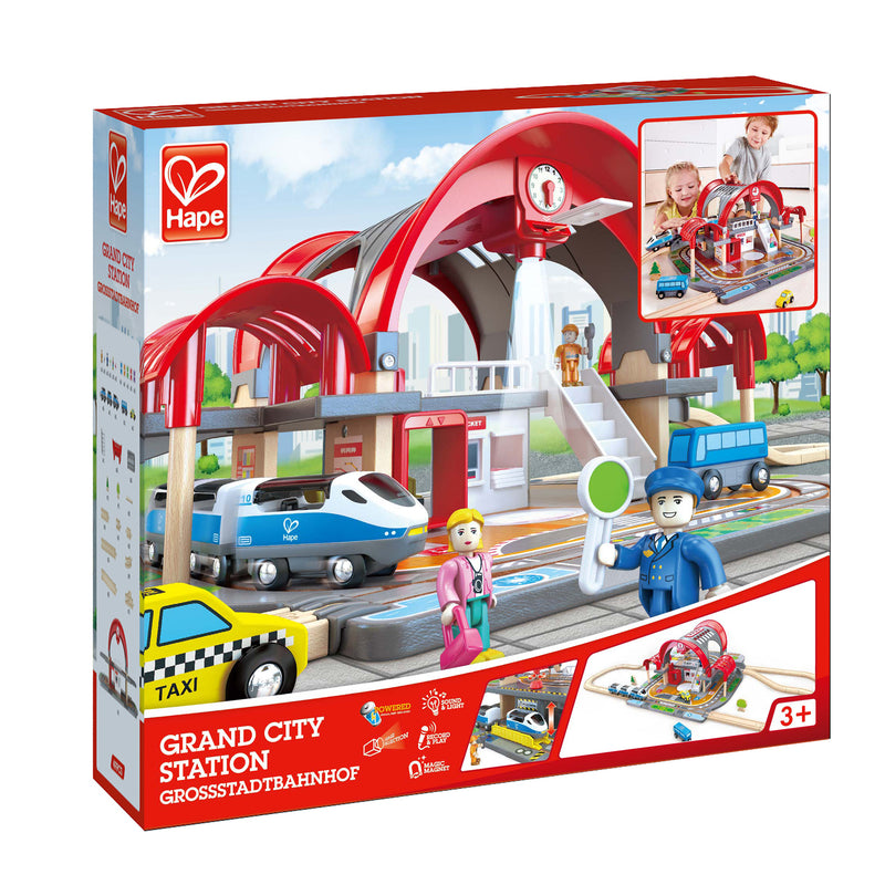 Hape Grand City Themed Magnetic Kids Play Freight Train Railway Station Toy Set
