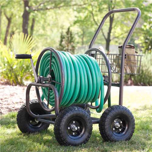 Liberty Garden 4 Wheel Steel Frame Water Hose Reel Cart w/ Basket (Open Box) - VMInnovations
