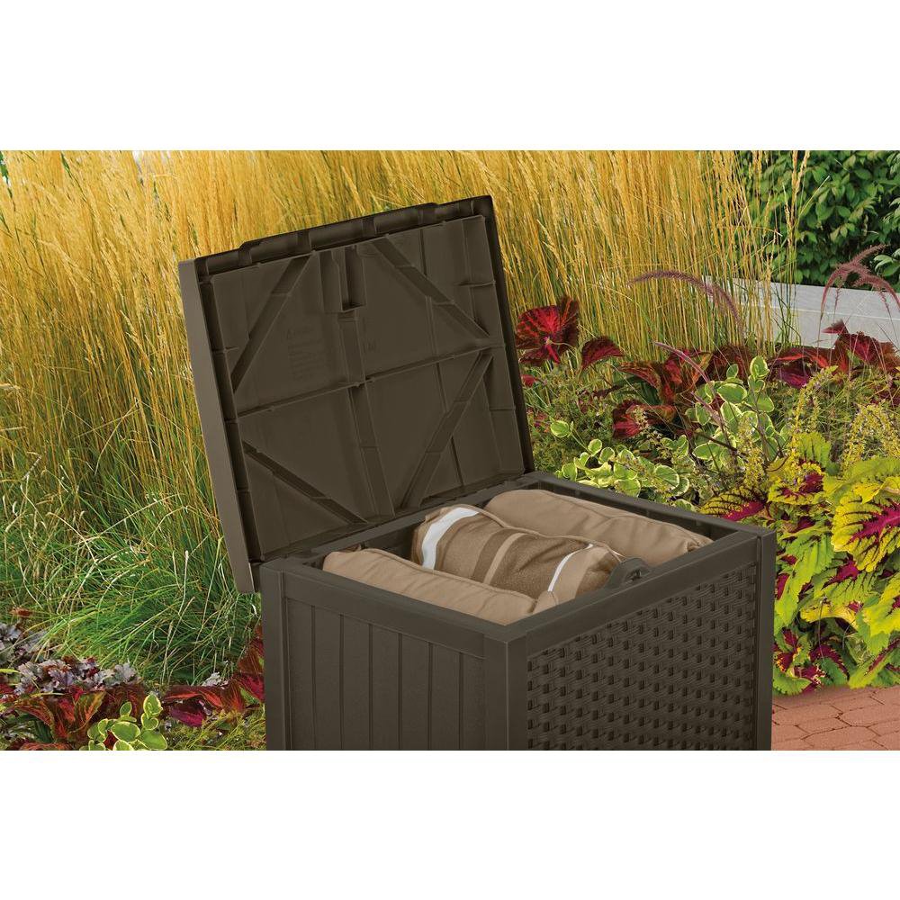 Suncast 22 Gallon Storage Deck Box & Seat w/ Trash Hideaway 33 Gallon Capacity - VMInnovations