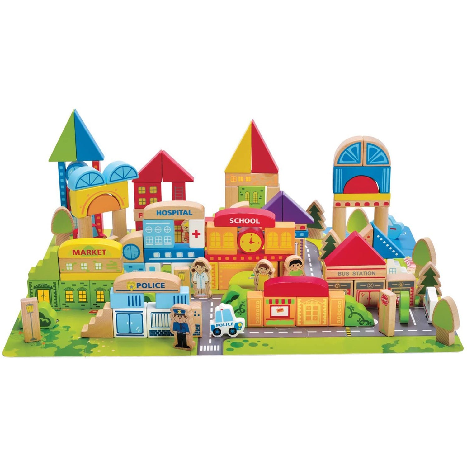 City Building Blocks Colored Wooden Playset, Ages 3 and Up, 145 Piece Set (Used) - VMInnovations
