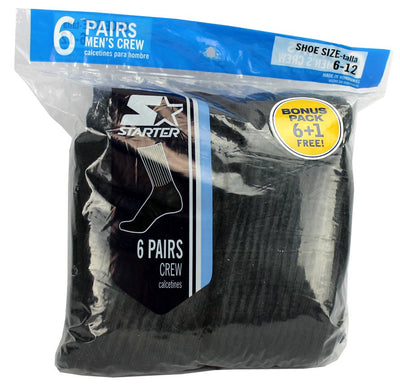 7 Pairs Starter SM861B7 Men's Crew Socks Shoe Solid Black -Size 6-12 - Open Bag