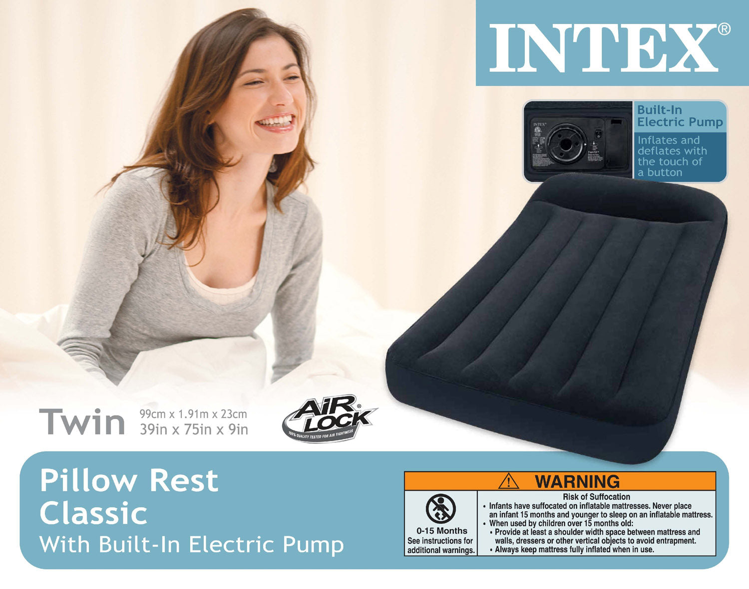 Intex Twin Classic Pillow Rest Air Mattress Bed & 120V Cordless Electric Pump