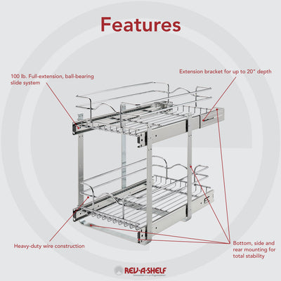 Rev-A-Shelf 12" x 18" 2-Tier Cabinet Pull Out Wire Basket, Chrome (Refurbished)