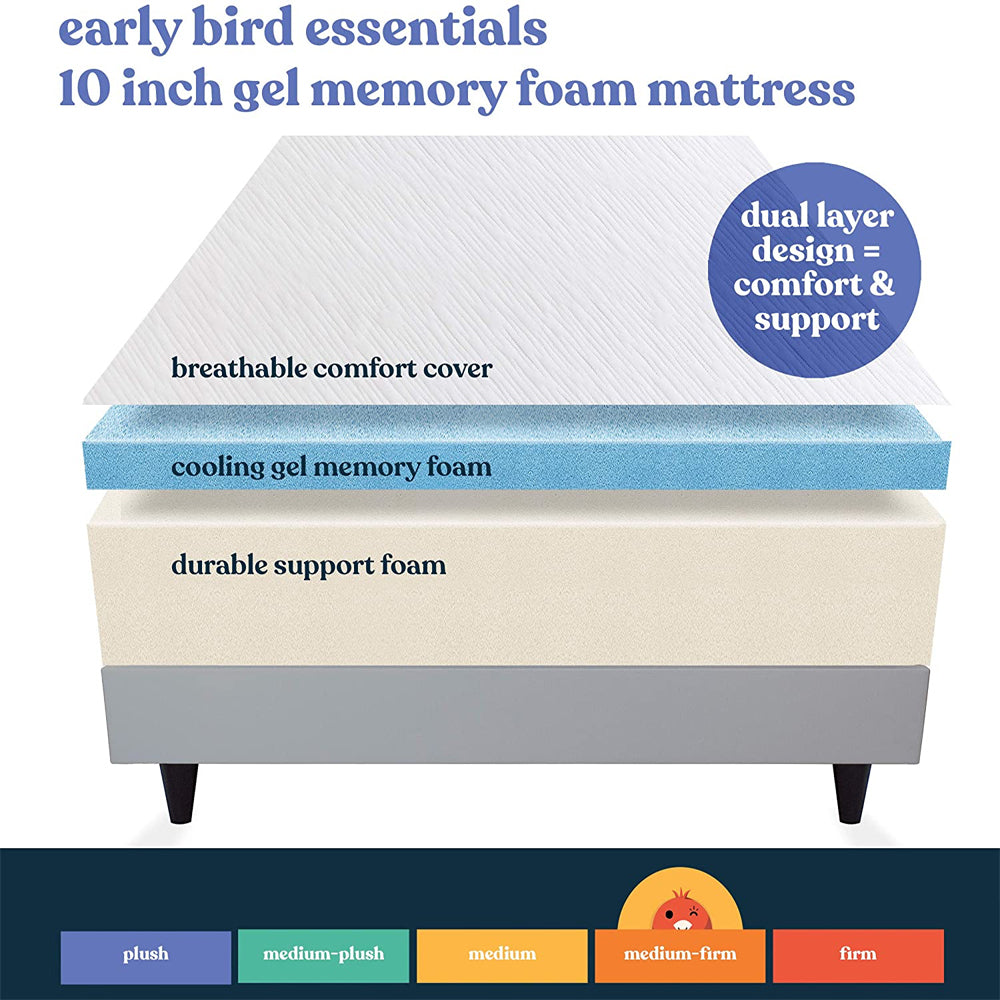 Early Bird 10" Dual Layer Cooling Gel Memory Foam Mattress, Queen (Open Box)