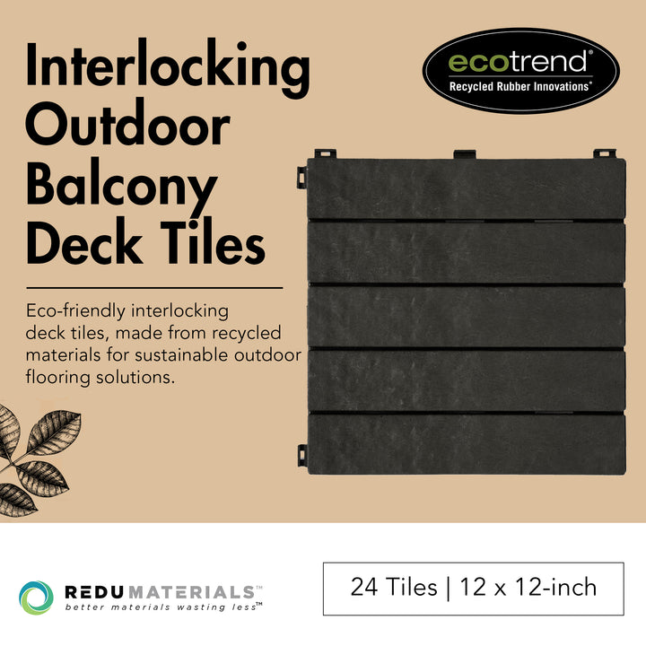 EcoTrend 12"x12" Interlocking Outdoor Balcony Deck Tiles, 24-Pack, Slate Black